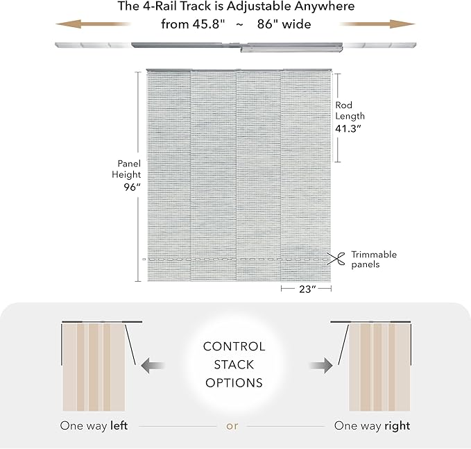 GoDear Design Adjustable Vertical Blinds for Sliding Glass Door 45.8"- 86" W x 96" H, Extendable Sliding Panel Track Blinds for Patio Closet, Trimmable Window Shades, Shinonome