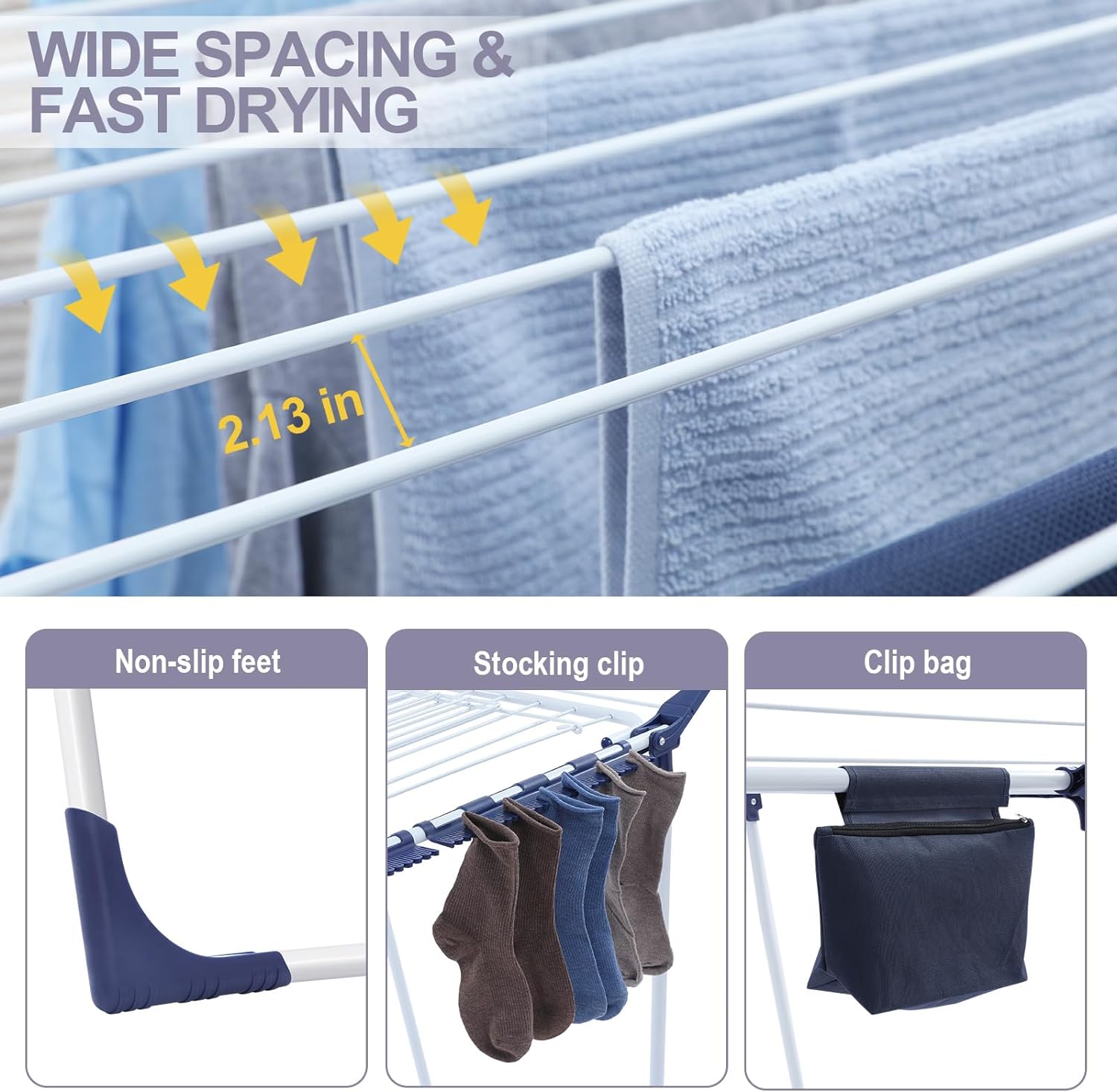 APEXCHASER Clothes Drying Rack Foldable, Drying Rack Clothing Large Space, Winged Laundry Rack with Sock Clips for Hanging Towels Clothes Dress Bedding Indoor Outdoor, White - NestledHome