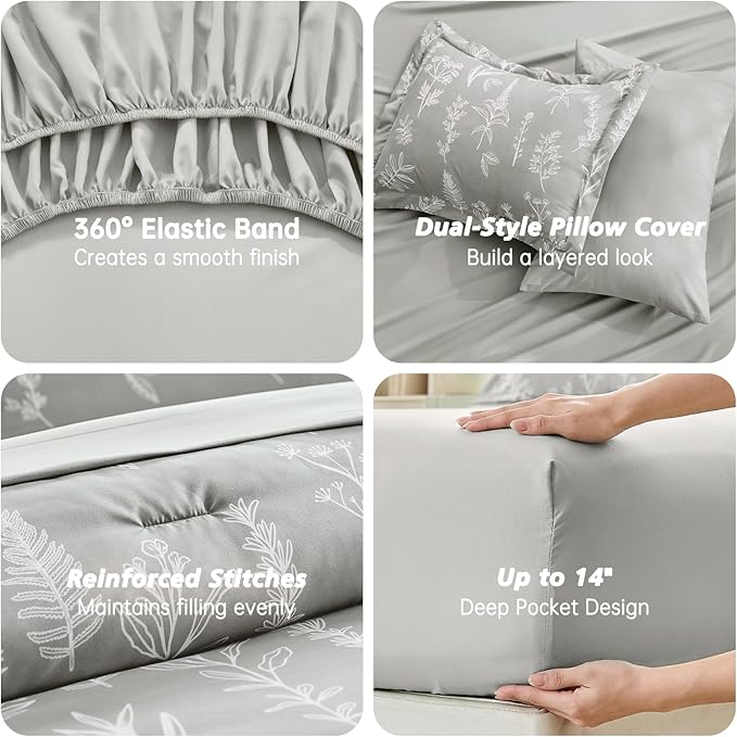 MUXHOMO Silver Grey Full Comforter Set, Elegant Floral Print Bed in a Bag 7 Pieces, Ultra Soft & Breathable Reversible Botanical Pattern Bedding Set with Comforter, Sheets, Pillowcases, and Shams
