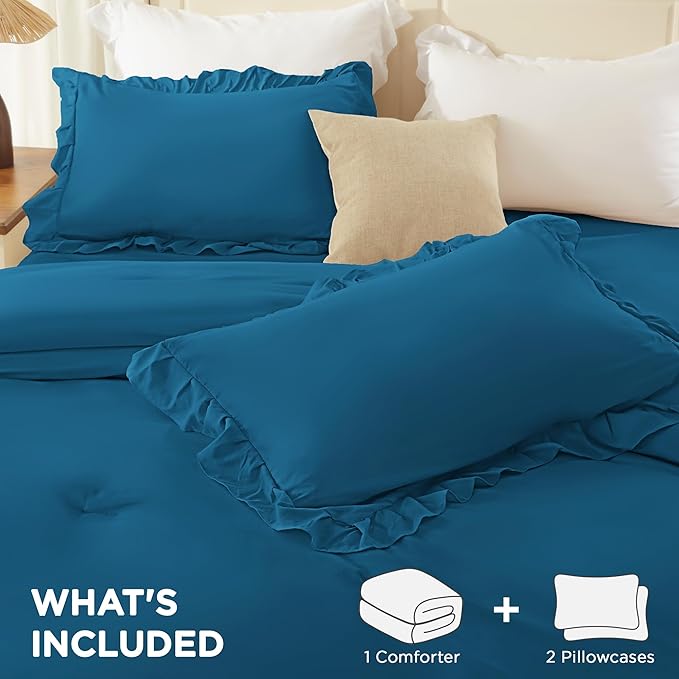 Andency Teal California King Comforter Set (104x96Inch), 3 Pieces Farmhouse Shabby Chic Ruffle Bedding Sets, Lightweight Fluffy Soft All Season Bed Set