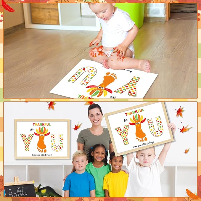Thanksgiving Turkey Footprint Art Craft DIY Kit Polka Dots Fall Thanksgiving Gifts Thankful for You Little Turkey Footprint Keepsake with Wood Frame for Mom Dad Friend Holiday Activities 12x16 Inch