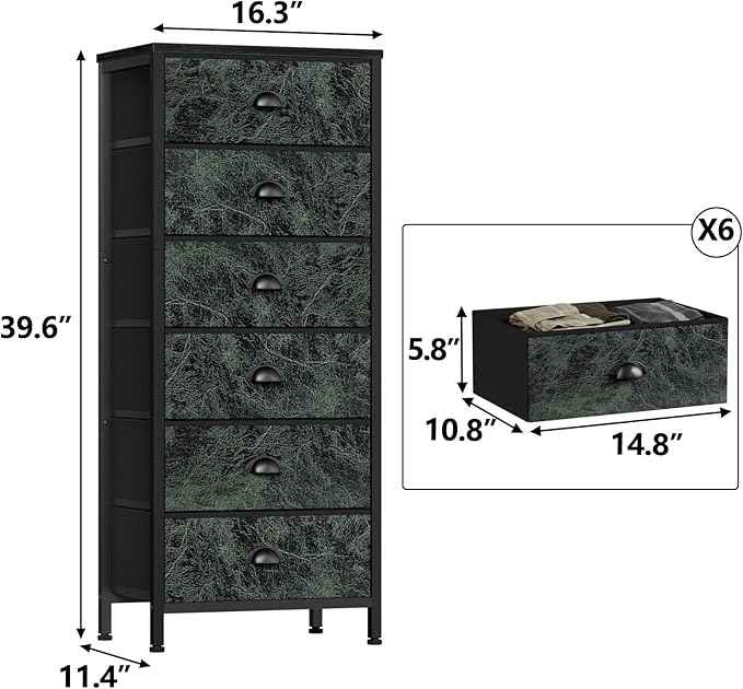 Furnulem Vertical Dresser for Bedroom,Tall Storage Tower Unit and Chest with 6 Drawers,Vintage Green Nightstand Furniture with Fabric Drawer Organizer in Dorm, Living Room,Closet,Entryway,Hallyway
