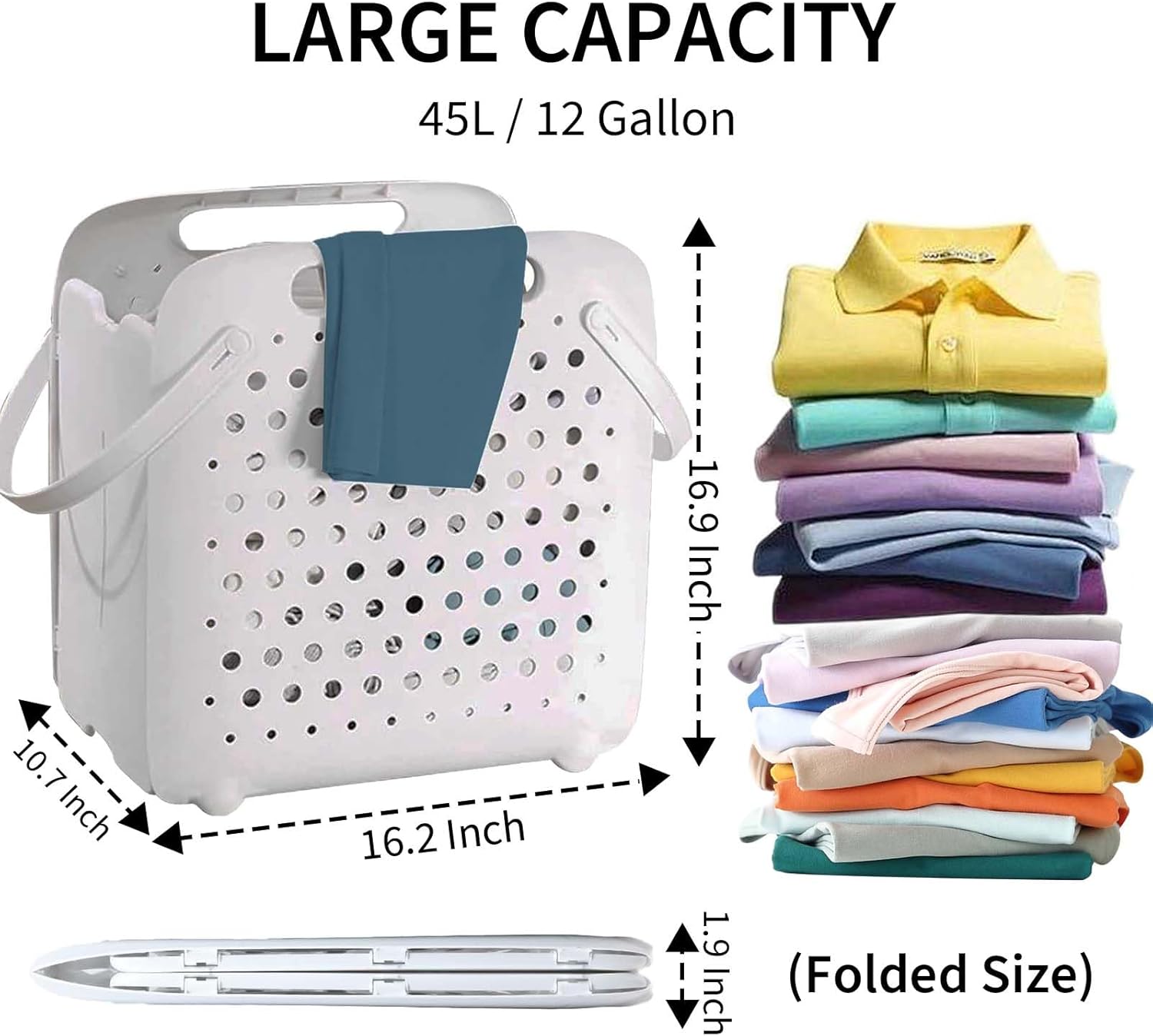 45L Foldable Laundry Basket, Plastic Collapsible Laundry Baskets with Handles, 12 Gallons Dirty Clothes Hamper for Dorm Laundry Room Organization, Freestanding Wall Hanging Laundry Hamper - NestledHome