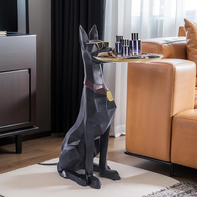 Geometric Dog Accent Table with Tray Butler Statue Animal Side Table for Modern Home Decor Dog Butler Statue with Tray Animal Accent Table for Living Room
