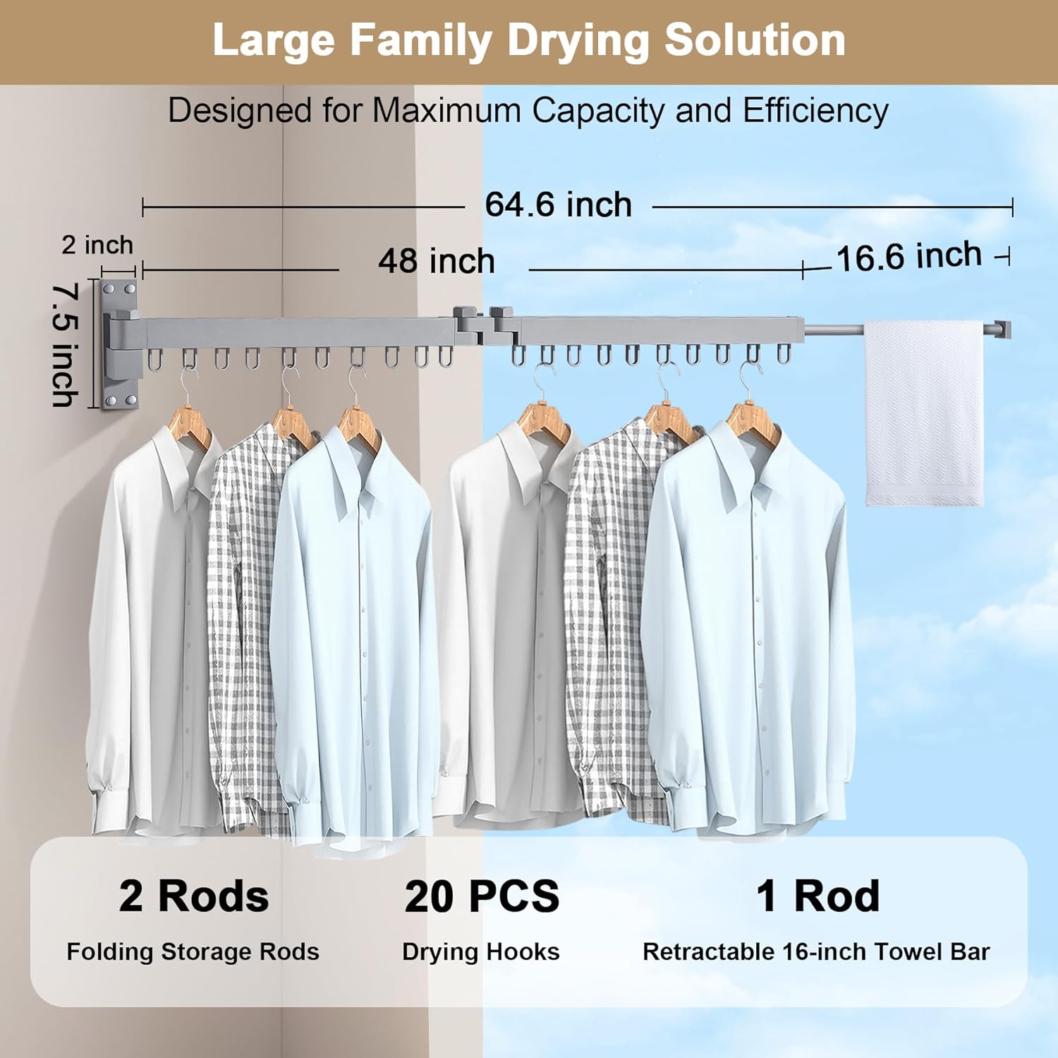 Bakala Clothes Drying Rack, Laundry Drying Rack Foldable, Heavy-Duty Space Saving Hangers, Wall Mounted Clothing Racks for Laundry Room Organization, Folding, Retractable 64" Clothes Dryer (Silver) - NestledHome
