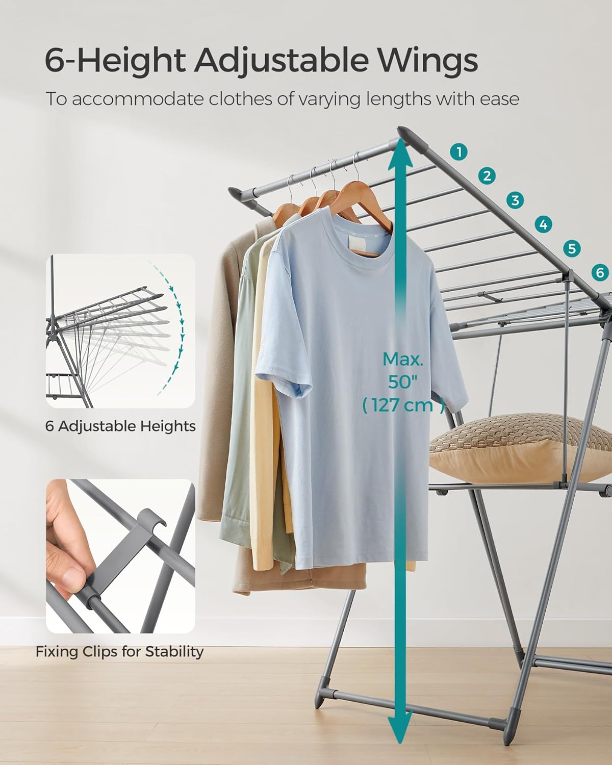 SONGMICS Clothes Drying Rack, Foldable 2-Level Laundry Drying Rack, Free-Standing Airer, 1 Additional Tall Hanging Bar, 2 Height-Adjustable Wings, 24 Drying Rails, Space Savng, Gray ULLR521G01 - NestledHome