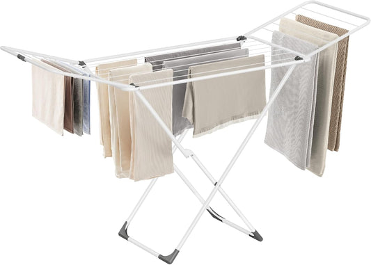 SONGMICS Clothes Drying Rack, Metal Laundry Drying Rack, Foldable, Space-Saving, Free-Standing Airer, with 2 Gullwings, Indoor Outdoor Use, Bed Linen Clothing, White ULLR540W01 - NestledHome