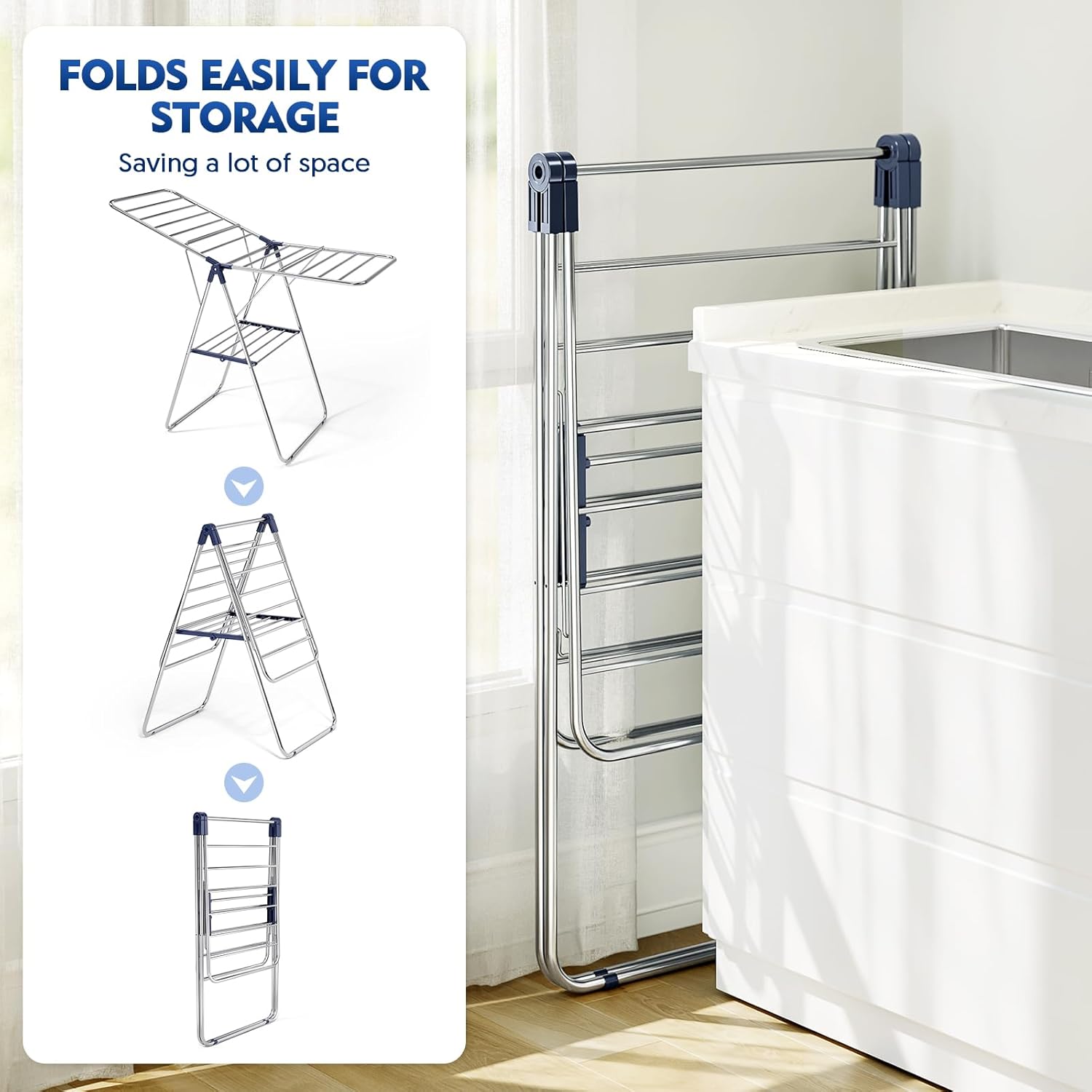 APEXCHASER Clothes Drying Rack, Drying Rack Clothing with Height-Adjustable, Foldable Gullwings Laundry Drying Rack, Indoor Outdoor Use, No Assembly - NestledHome
