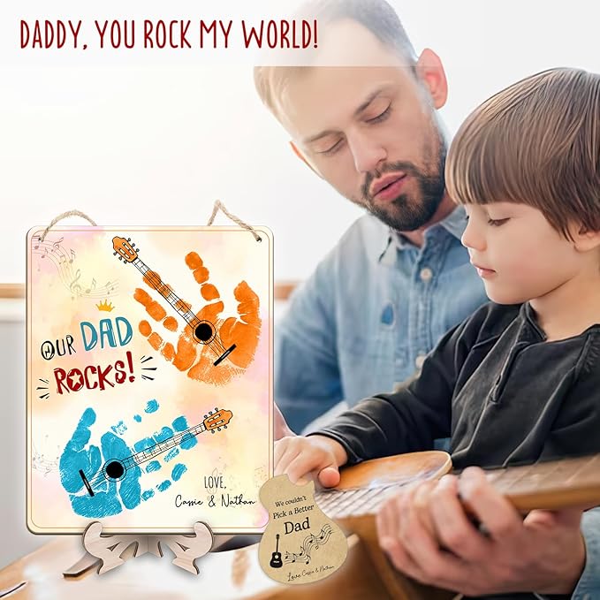 DIY Our Dad Rocks Guitar Craft Plaque Baby Handprint Gifts for Dad Papa Musician Guitar Player, Baby First Fathers Day Art Craft for Guitarist Father, Best Dad Ever Gifts with Kids Handprint Keepsake