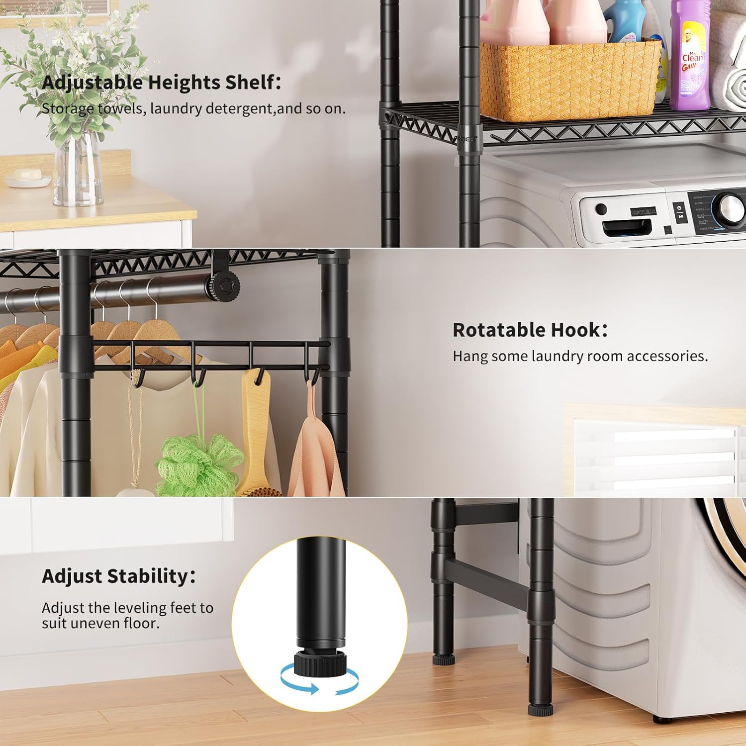 Over Washer and Dryer Shelves,2 Tier Adjustable Height Wire Shelving Laundry Room Storage Organization Clothes Drying Rack with Hanger Rod&Hooks,Space Saving Organizers Shelf,Black - NestledHome