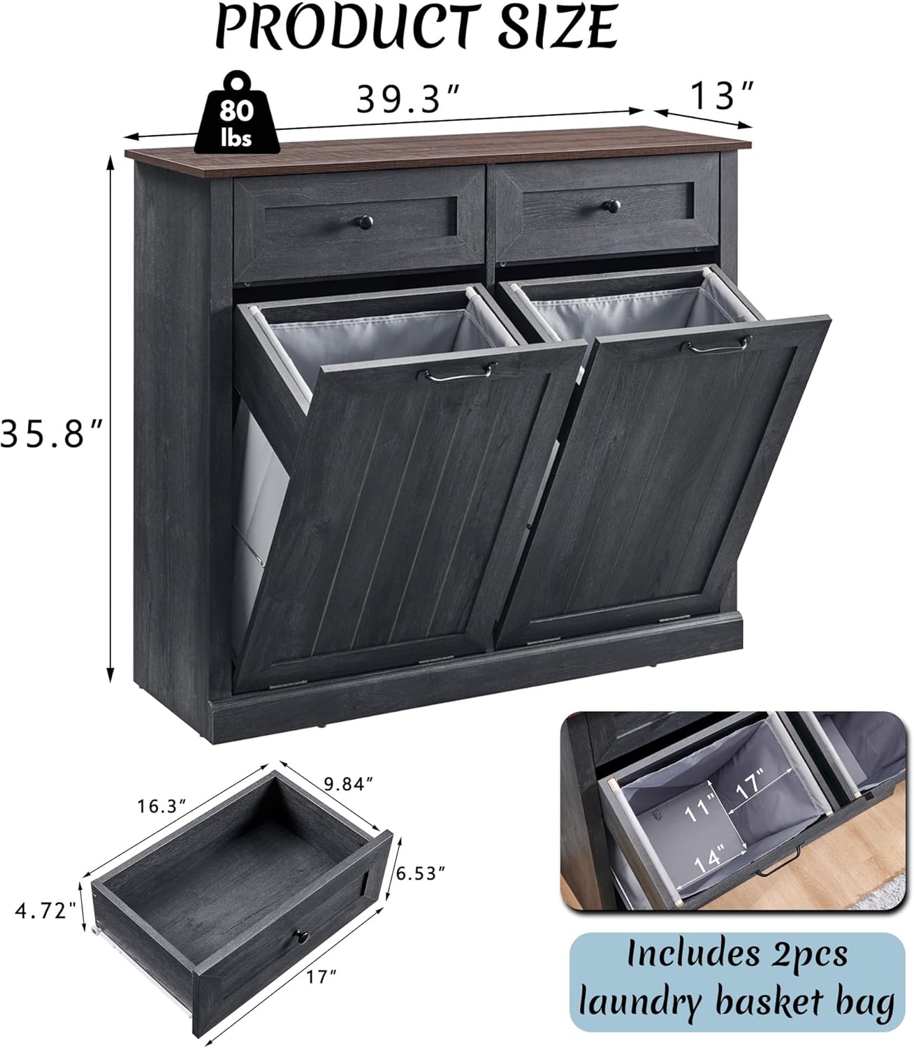 Double Tilt Out Laundry Hamper Cabinet, 20 Gallon Farmhouse Trash Can Cabinet with Drawer, Hidden Wood Garbage Can Bin Cabinet with Laundry Storage Basket for Bathroom, Kitchen, Dark Grey - NestledHome