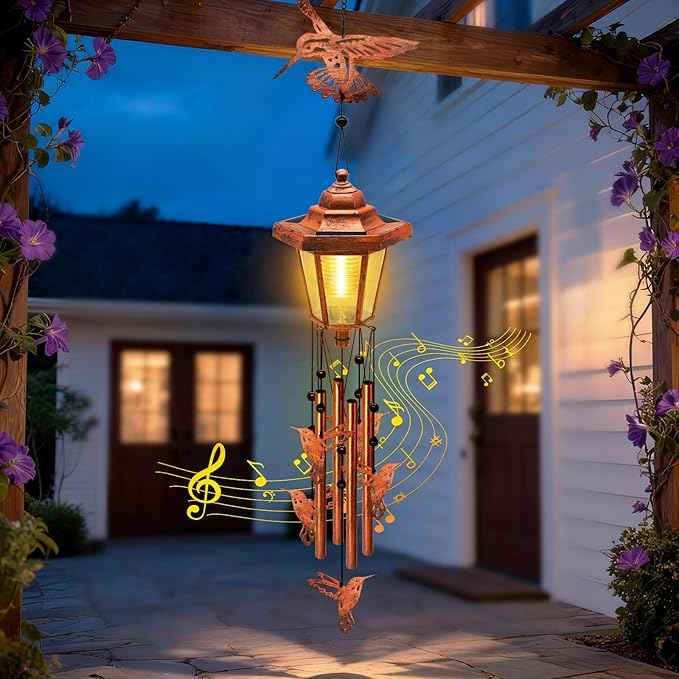 Large Solar Hummingbird Wind Chimes, Gifts for Women Mom Grandma Wife Sister Daughter Neighbor, Classic Bronze Wind Chimes with Wind Catcher, Solar Decor Lights for Outdoor Garden Patio Porch Window