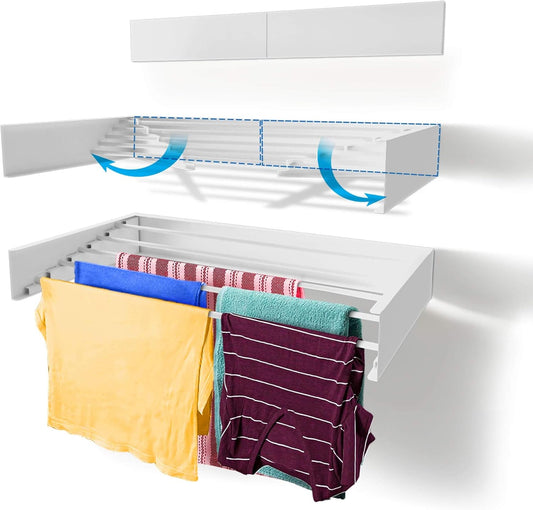 Step Up Laundry Drying Rack (28-INCH White), Wall Mounted, Retractable Clothes Drying Rack, 40lbs Capacity, 11.6 Linear Ft, with Wall Template and Long Screwdriver Bit - NestledHome