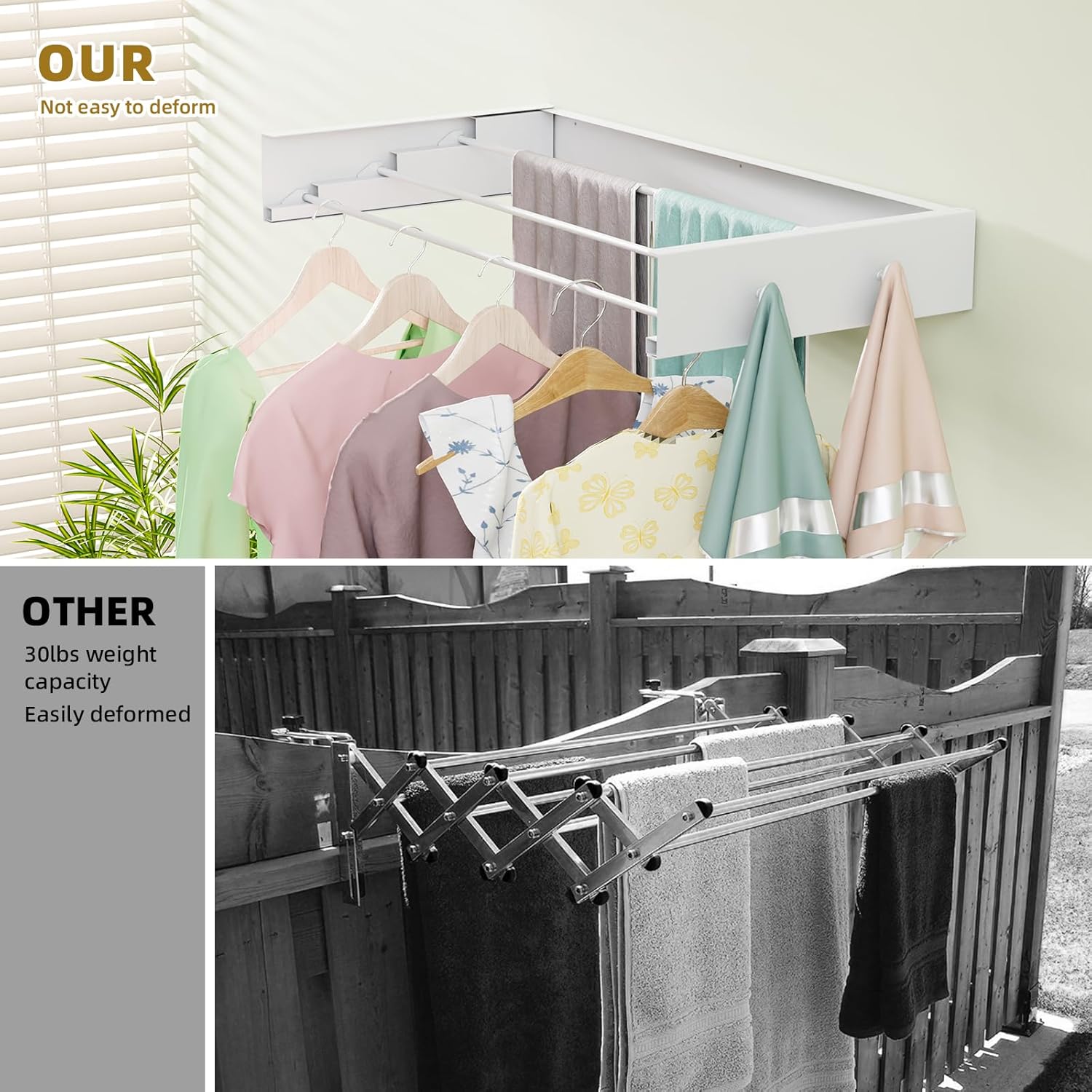 Wall Mounted Drying Rack for Laundry 19.8'', Folding Drying Rack Clothing Wall Mount with 3 Rods and 4 Hooks, Space Saving for Indoor Outdoor Bathroom Balcony (White, 19.8'') - NestledHome