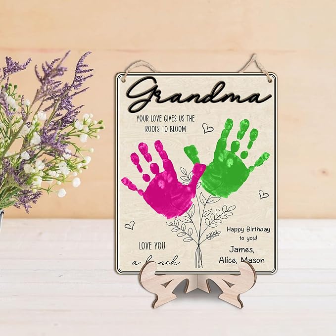 Grandma Handprint Floral Plaque, DIY Mothers Day Handprint Sign, Family Handprints Flower Sign, Birthday Mother's Day Gifts for Grandmother, Nana Memory Keepsake, Your Love Gives Us The Roots To Bloom
