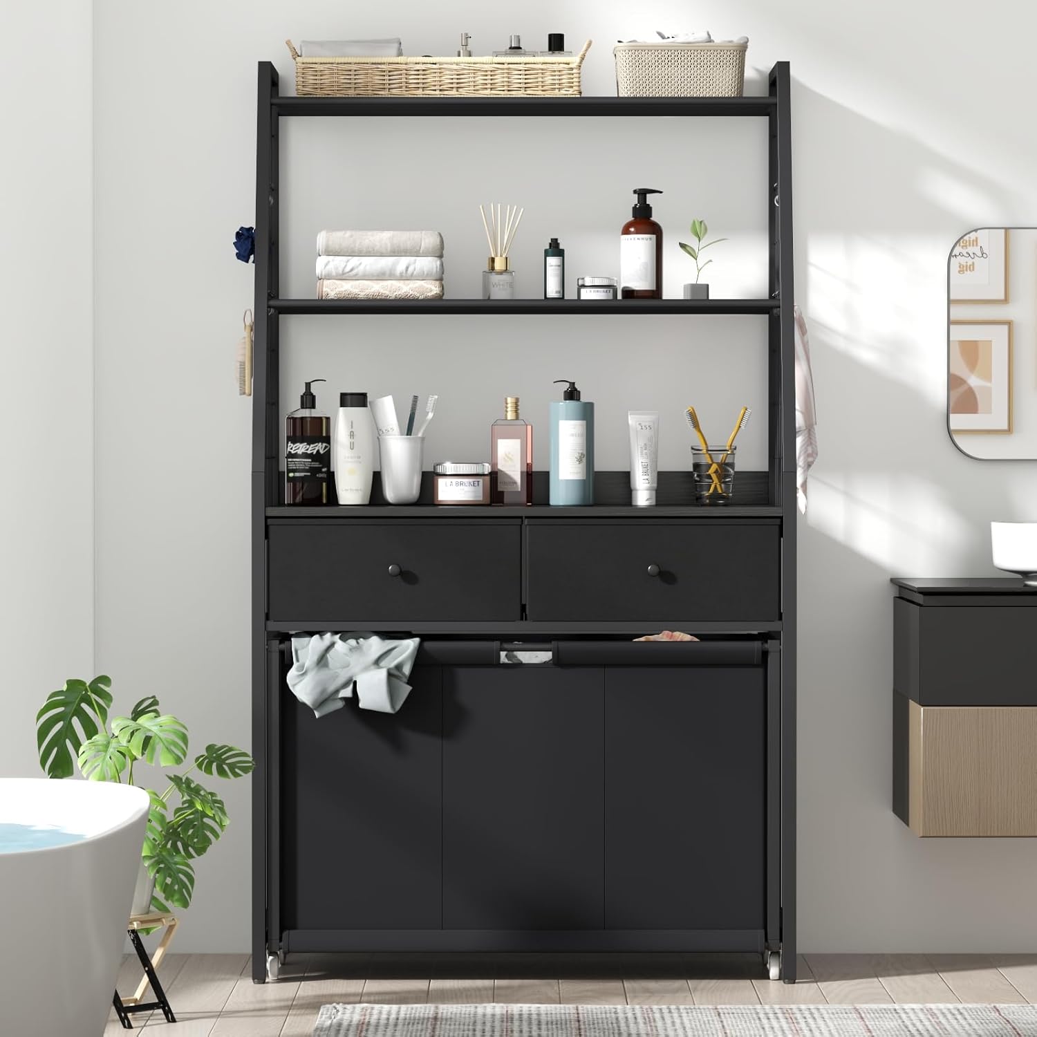 Laundry Hamper Laundry Basket with 3 Section Pull-Out Rolling Bags & 2-Tier Storage Shelf, Laundry Sorter for Organization and Storage with 2 Drawers for Laundry Room, Bathroom - NestledHome