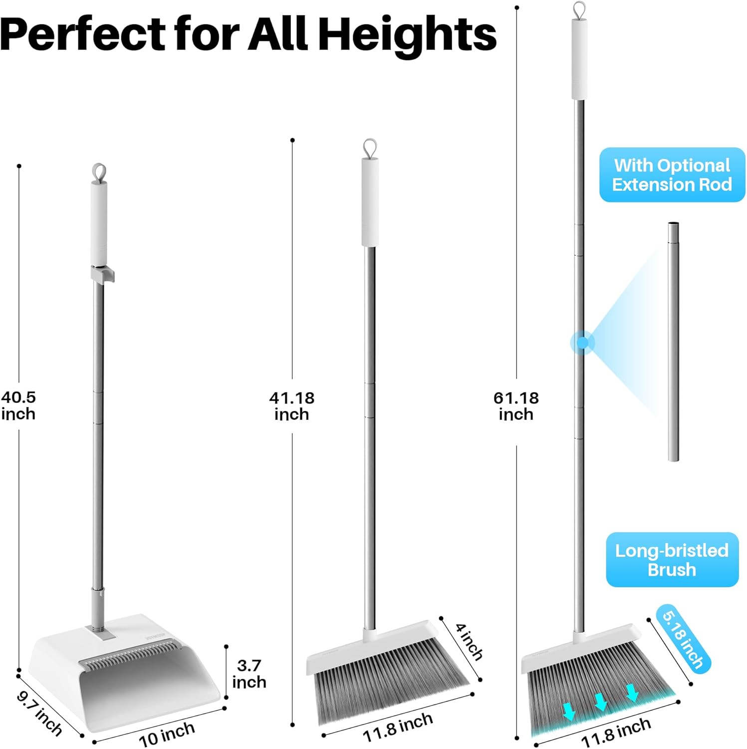 JOYMOOP White Broom and Dustpan Set, Upright Angle Design with Built-in Comb Teeth for Kitchen, Office, Pet Hair, Hard Floors - NestledHome