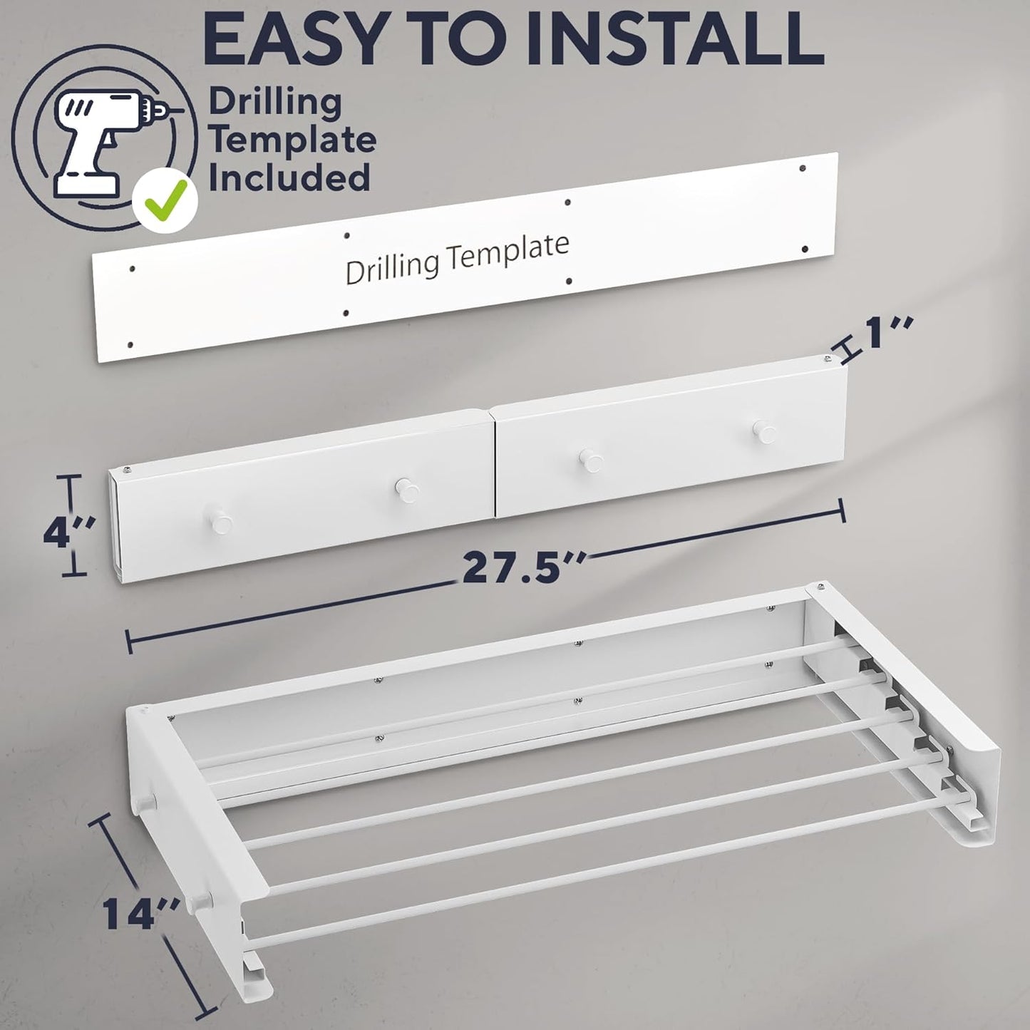Foldable Wall Mounted Drying Rack 28 inch - Easy to Install Hanging Rack for Laundry Room - Space Saving Design with 55-lb Capacity - Perfect Drying Racks for Clothes Towels & More - NestledHome