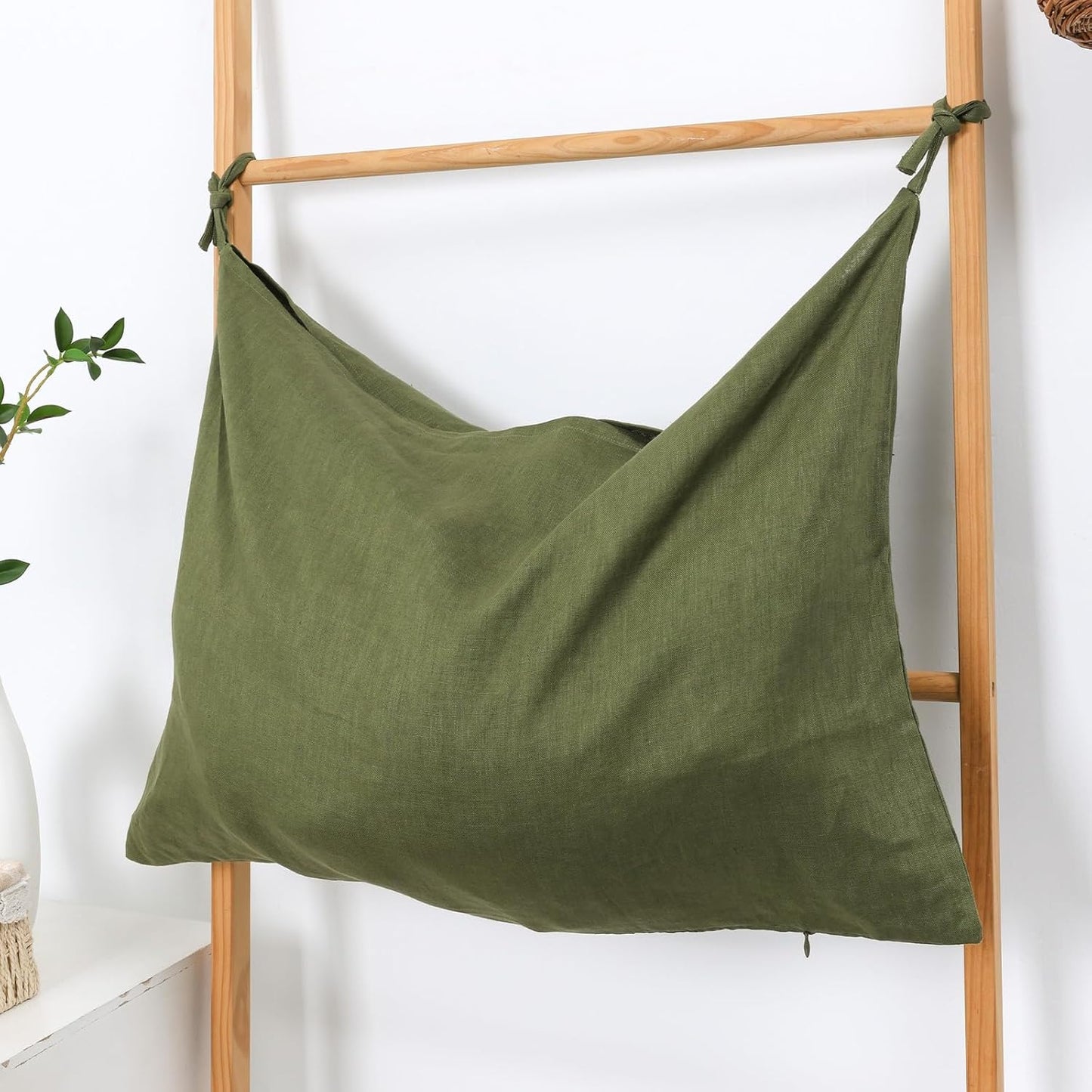 Hanging Linen Laundry Bag, 100% Pure Flax Linen Over The Door Hamper with Bottom Zipper for Laundry Room, Household Dirty Cloth Storage Organizer Bag, Army Green - NestledHome