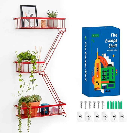 Fire Escape Shelf Red, Urban City Wall Art Decorative Action Figure Metal Display with Mini Ladder Shelf for Home Decor, Red 2.5 Tier