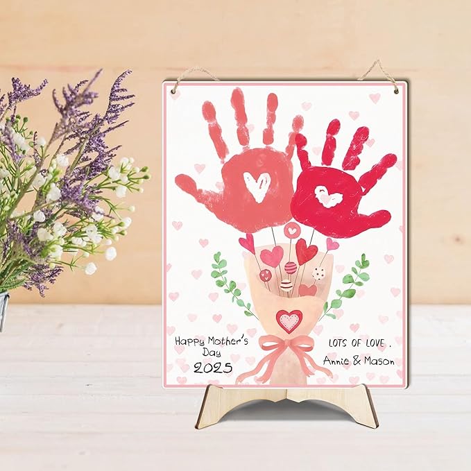 Pink Floral Bouquet DIY Baby's First Mothers Day Handprint Making Sign, Mother's Day Handprint Hanging, Mothers Day Birthday Gift from Kids Toddler Baby Gift for Mom Grandma, Children Toddler Keepsake