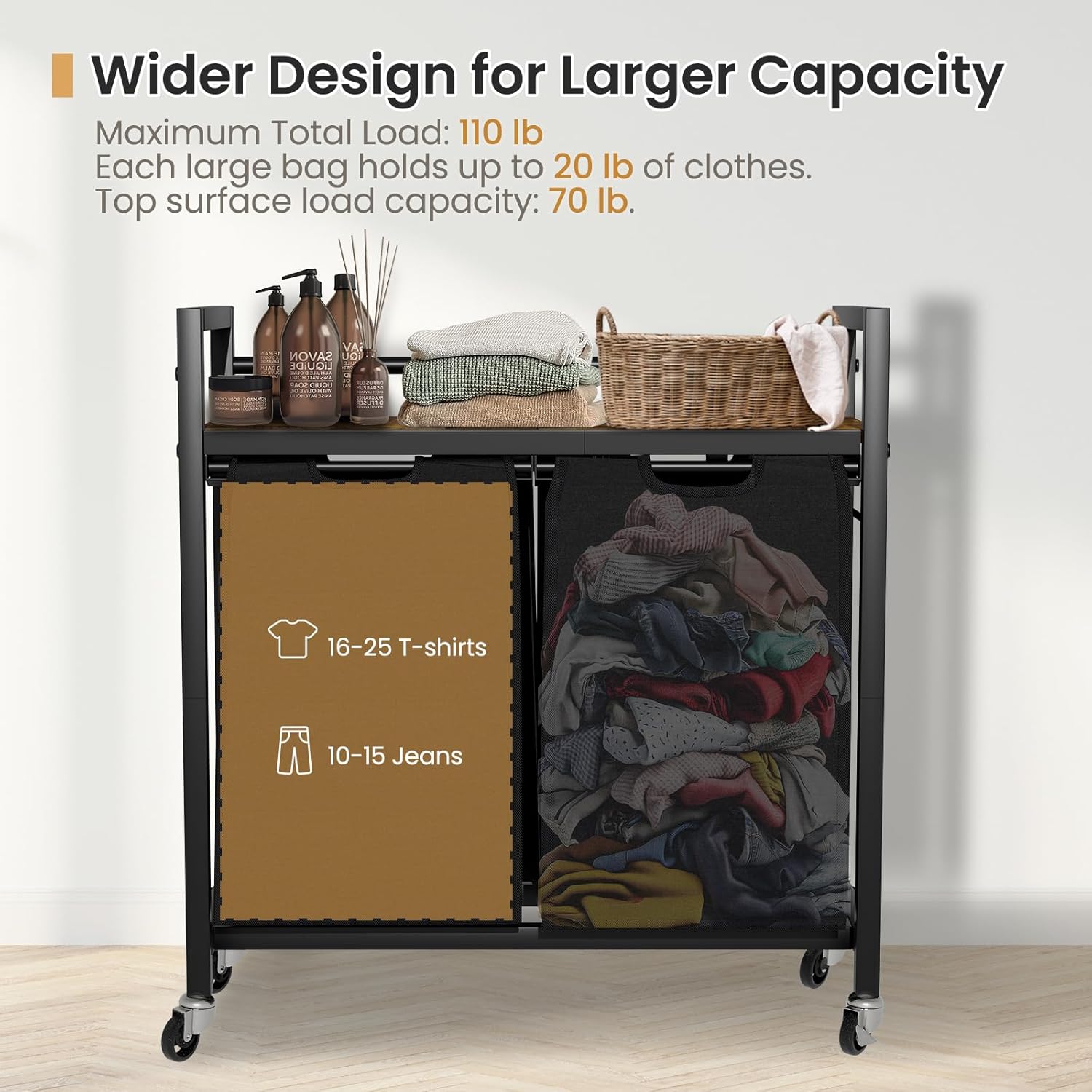 Laundry Hamper, Laundry Basket, Laundry Sorter with 2 Removable Bags, Clothes Basket with 2 Compartments, Wheels, Shelf for Laundry Room Bathroom Bedroom (2 Bags-Black) - NestledHome