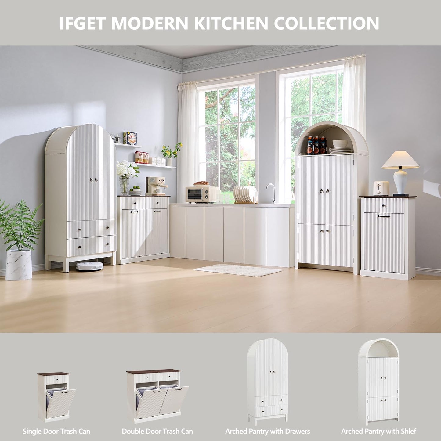 Modern Tilt-Out Trash Can Cabinet, 10 Gallon Fluted Laundry Hamper Cabinet with Drawers, Wooden Hidden Garbage Can Cabinets with Storage Basket, Free Standing for Kitchen and Living Room, White - NestledHome