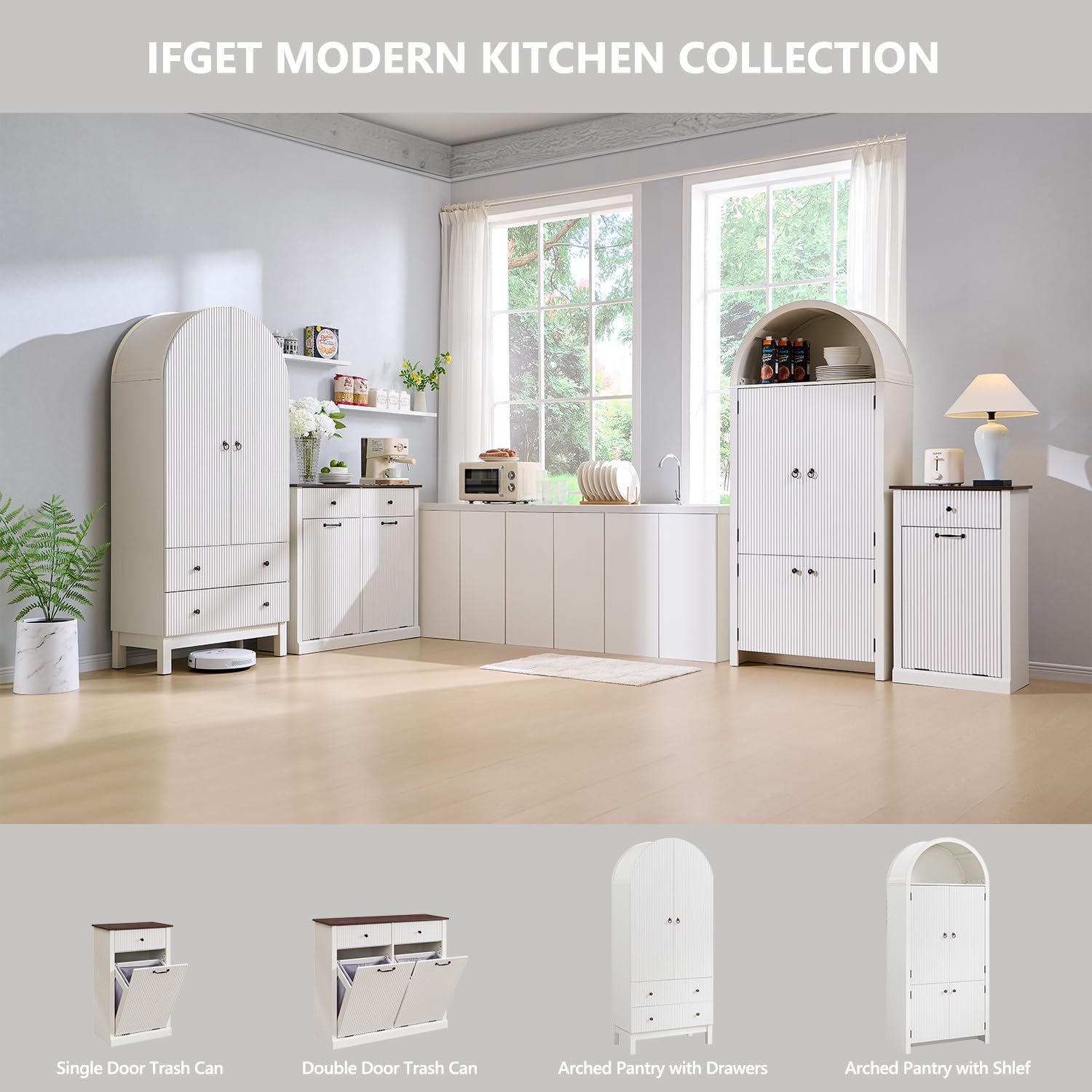 Modern Tilt-Out Trash Can Cabinet, 10 Gallon Fluted Laundry Hamper Cabinet with Drawers, Wooden Hidden Garbage Can Cabinets with Storage Basket, Free Standing for Kitchen and Living Room, White - NestledHome