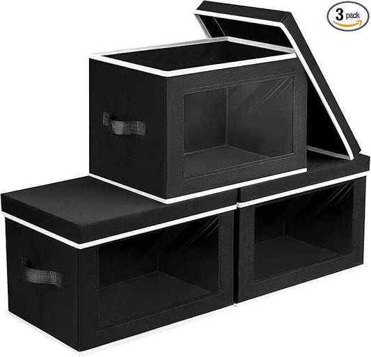 Storage Boxes with Lids, Collapsible Storage Bins with Handles, Closet Storage Baskets with Window, Fabric Storage Containers for Organizing Clothes, Towels, Books, 3 Packs, Black