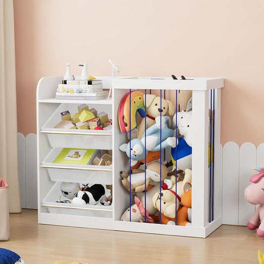 Kids Toy Storage Organizer with 3 Removable Plastic Bins Toddler Montessori Bookshelf with Stuffed Animal Net Holder Baby Bookcase Plush Organizer for Playroom,Bedroom,Kids Room,Classroom,Nursery - NestledHome