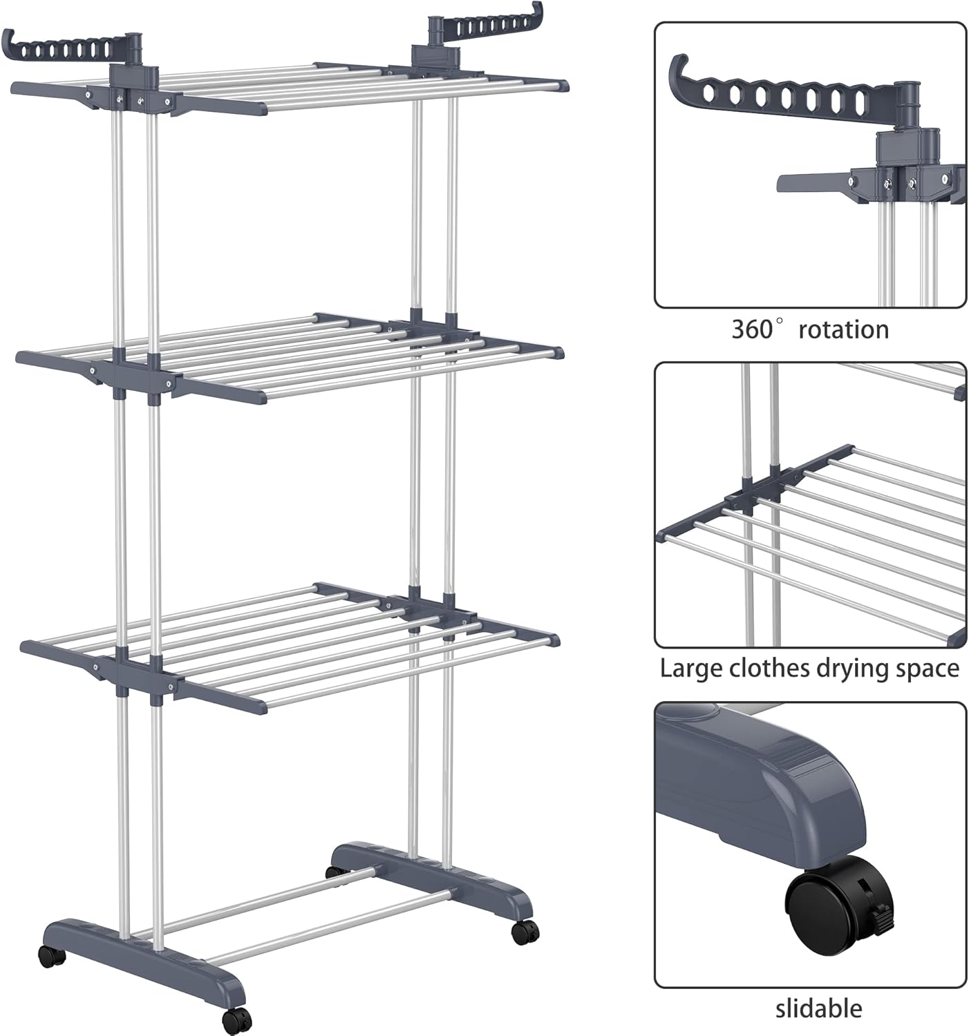 HOMIDEC Clothes Drying Rack, Oversized 4-Tier(67.7" High) Foldable Stainless Steel Drying Rack Clothing, Movable Drying Rack with 4 castors, 24 Drying Poles and 14 Hooks for Bed Linen, Clothing, Grey - NestledHome