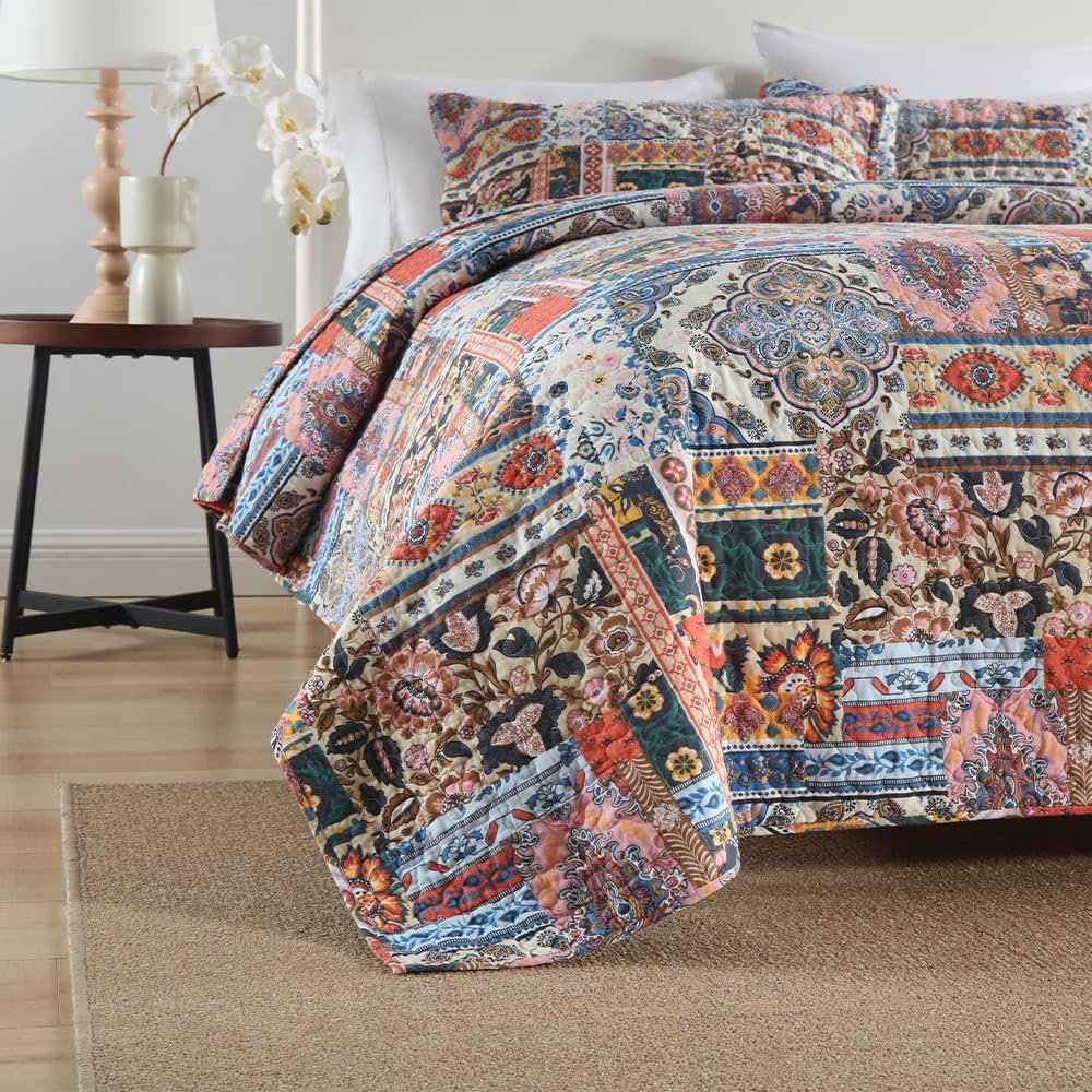 Cotton Bedspread Quilt Sets Reversible Coverlet Sets Comforters Vintage Bohemian Patchwork Bedspread Bedding Sets,Gorgeous Bohemian Floral,King Size
