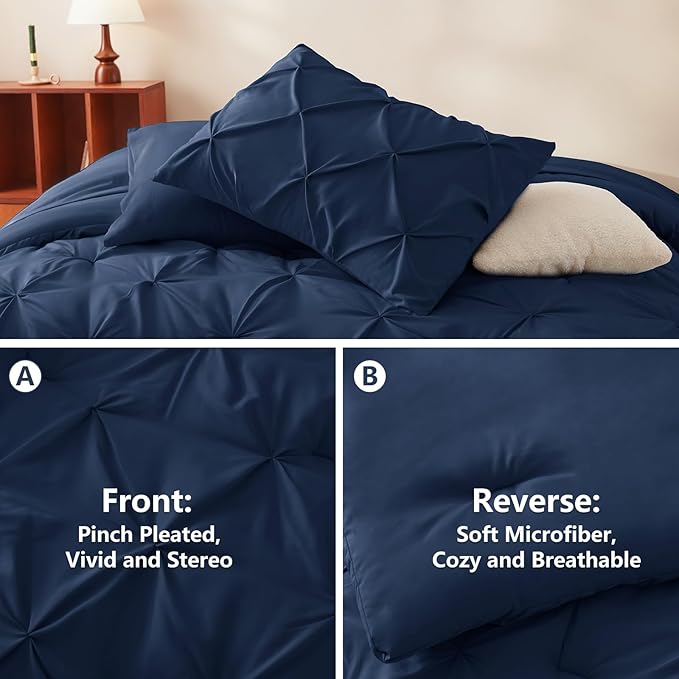 CozyLux California King Comforter Set Navy Blue - 7 Pieces Cal King Pintuck Bed in A Bag Gift for Family, Pinch Pleat Bedding Sets with All Season Comforter, Sheets, Pillowcases & Shams