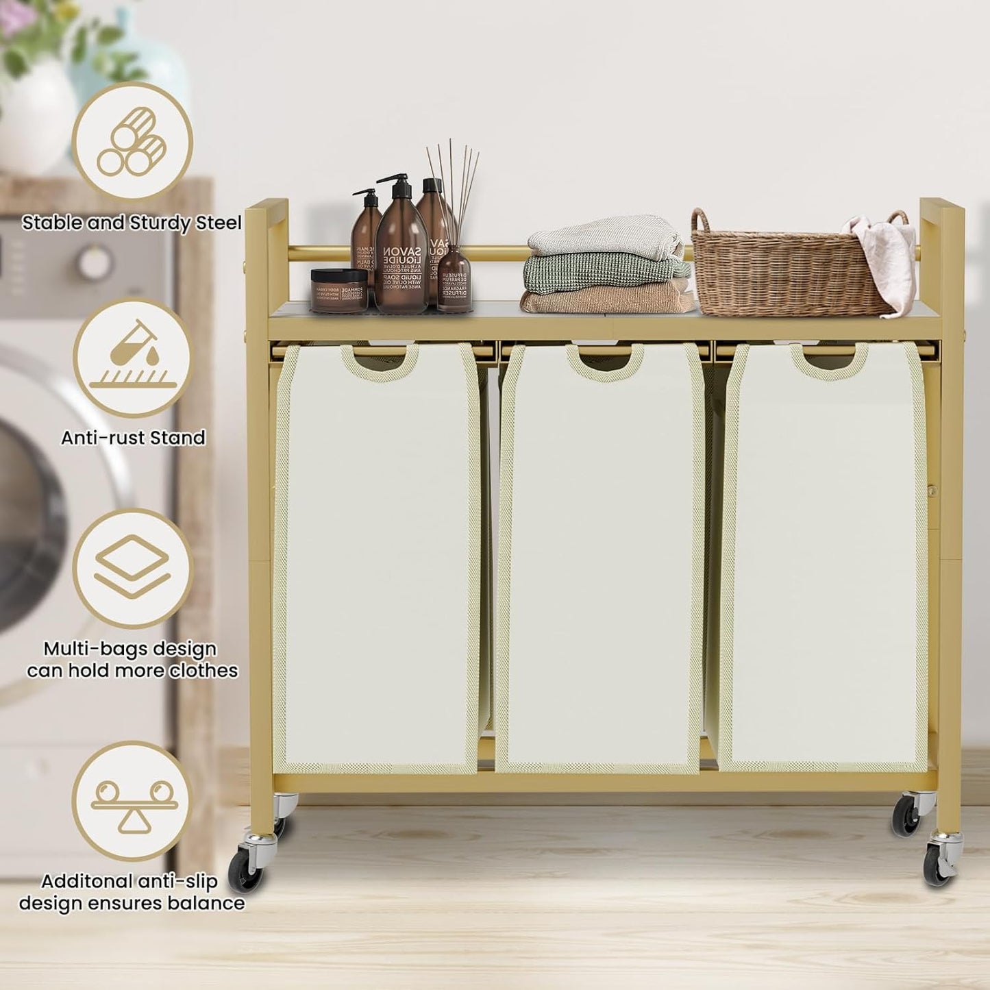 Laundry Hamper, Laundry Basket, Laundry Sorter with 3 Removable Bags, Clothes Basket with 3 Compartments, Wheels, Shelf for Laundry Room Bathroom Bedroom (3 Bags-Golden) - NestledHome