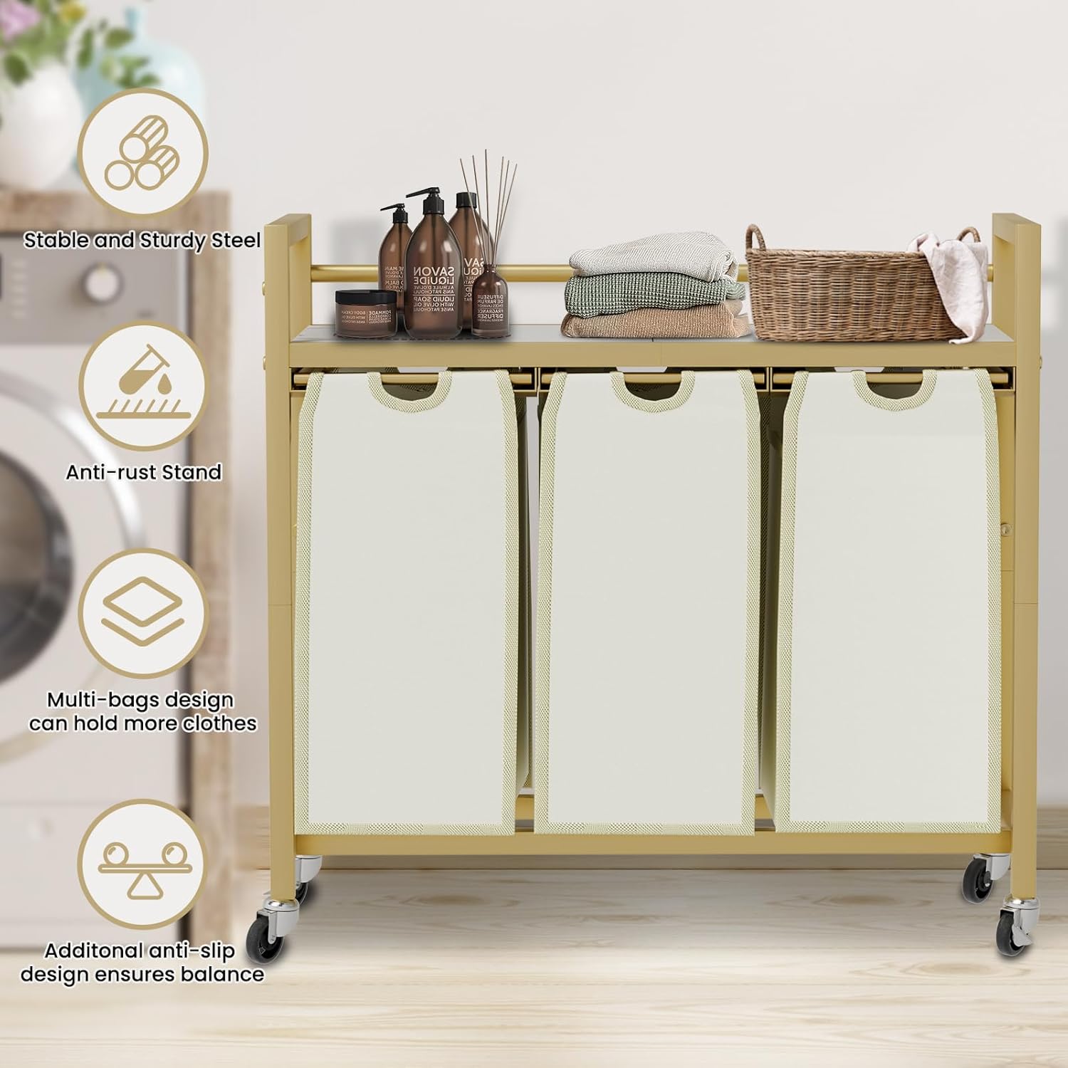 Laundry Hamper, Laundry Basket, Laundry Sorter with 3 Removable Bags, Clothes Basket with 3 Compartments, Wheels, Shelf for Laundry Room Bathroom Bedroom (3 Bags-Golden) - NestledHome