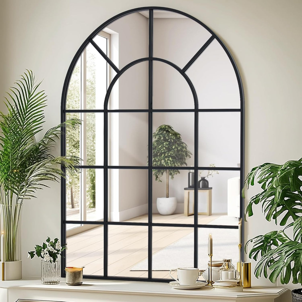 Arched Windowpane Wall Mirror 30"x48" Black Wall Mounted Art Pane Mirror Farmhouse Decorative Mirror Leaning Hanging Wall Mirror for Bedroom Living Room Entrance Hallway Wall Decor