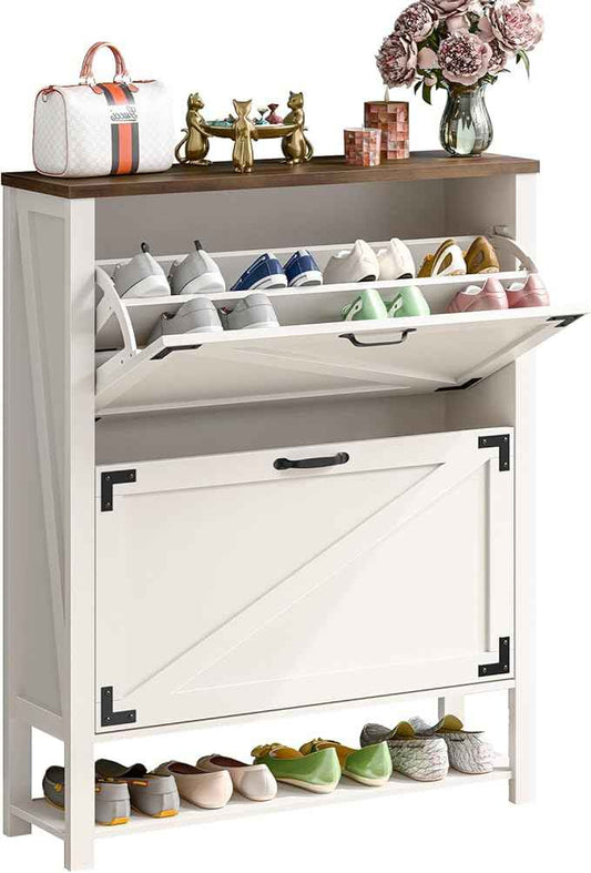 Vabches Shoe Storage Cabinet, 5-Tier Farmhouse Freestanding Organizer with 2 Flip Drawers, Wooden Shoes Rack Cabinets Storage Organizer with Doors for Entryway, Hallway, Closet, Rustic White