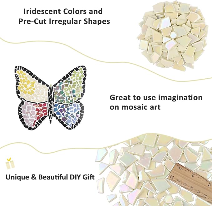Youway Style Iridescent Cream Glass Mosaic Tiles for Crafs Bulk,200g Broken Stained Glass Pieces for Crafts DIY Mosaic Art Decor