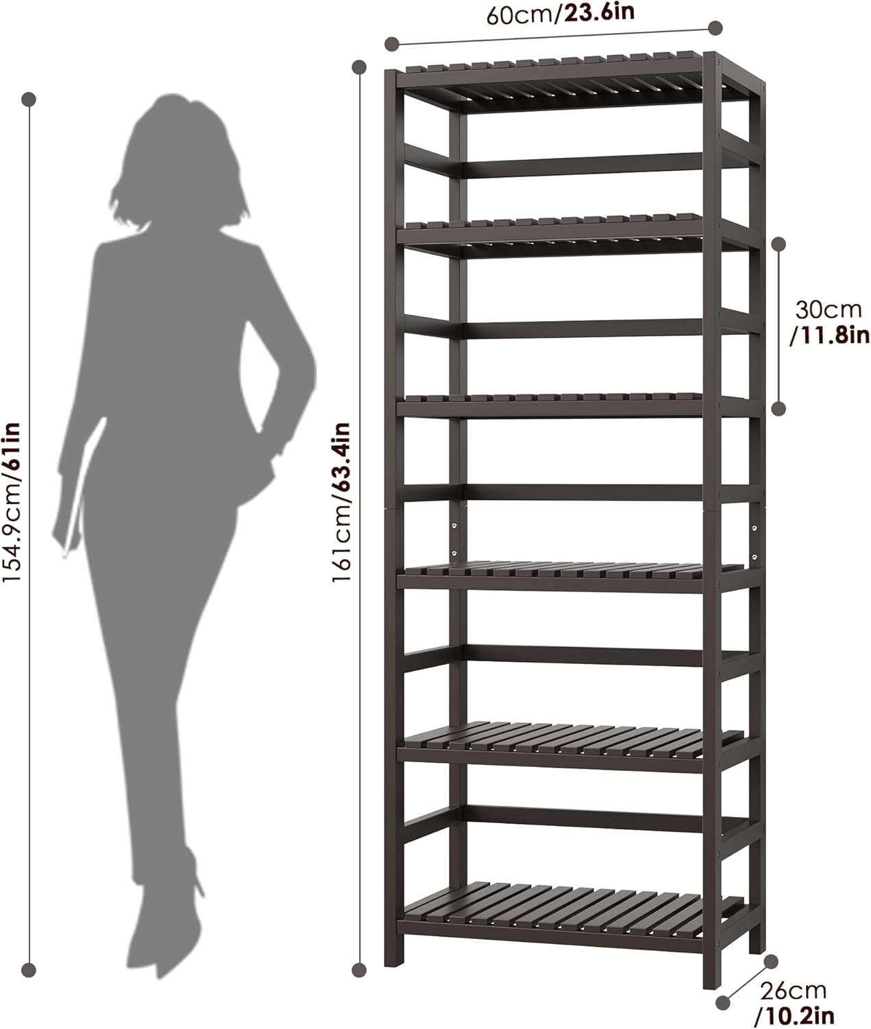 FOTOSOK 6-Tier Bamboo Shelf Set of 2, Bamboo Bookcase with Adjustable Shelves, Free Standing Storage Shelf Unit and Plant Flower Stand, Tall Large Bookshelf for Kitchen, Bathroom, Home Office, Vintage - NestledHome