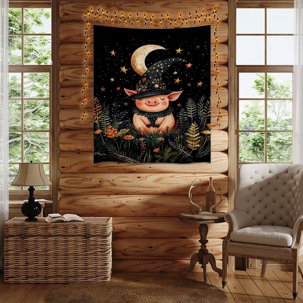 Whimsical Witch Pig Tapestry Wall Hanging Cute Farmhouse Animal Tapestry Aesthetic Moon and Stars Pictures Print Cottagecore Witchy Halloween Artwork Tapestries Decor for Living Room Bedroom 60x80inch