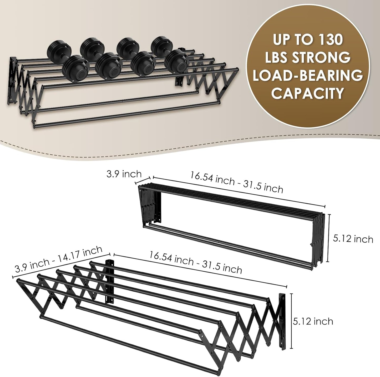 XL-31.5'' Wall Mounted Clothes Drying Rack, 130 lbs Large Capacity Rustproof Retractable Collapsible Drying Rack Easy Install with 7 Drying Rods, Space Saving Towel Clothes Rack for Laundry-Black - NestledHome