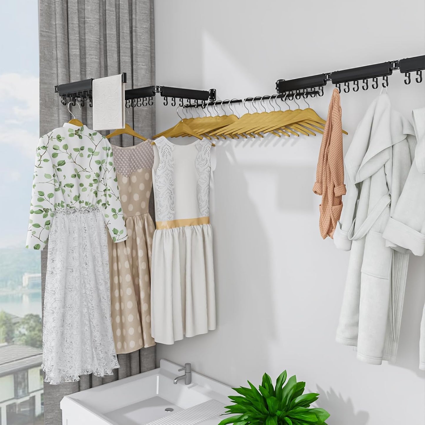 Gezen Clothes Drying Rack, Wall Mounted Drying Rack Clothing Retractable, Foldable Clothes Hanger Rack with 24 Hooks for Laundry Room Organization and Storage, Space Saving, Collapsible, Quad-Fold - NestledHome