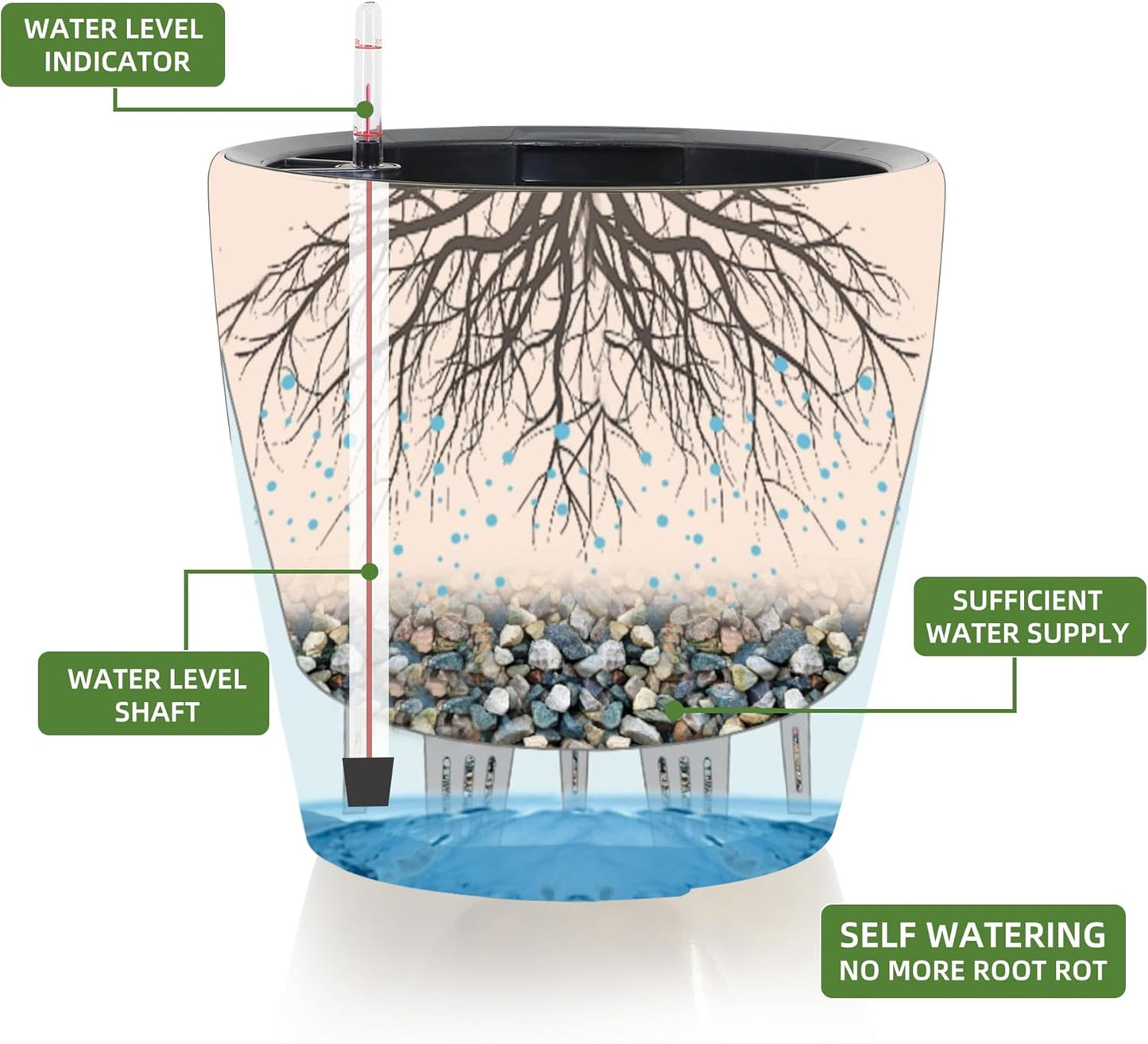 Dexceder 11x10 Inches Self Watering Planter Indoor Outdoor, Inner Pot Design, Thickened Table Flower Plant Pot with Water Level Indicator (Black Gold Crackle)
