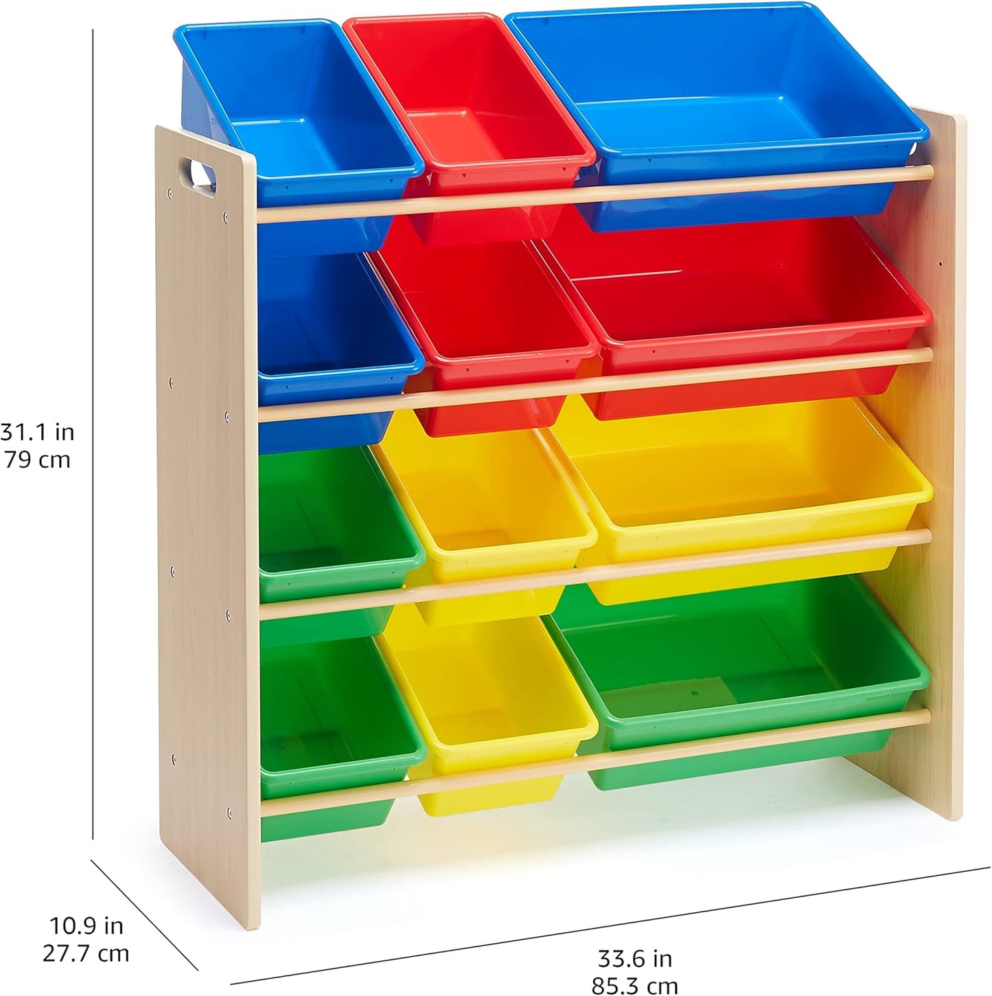 Amazon Basics Kids Toy Storage Organizer With 12 Plastic Bins, Natural Wood With Bright Bins, 10.9" D x 33.6" W x 31.1" H - NestledHome