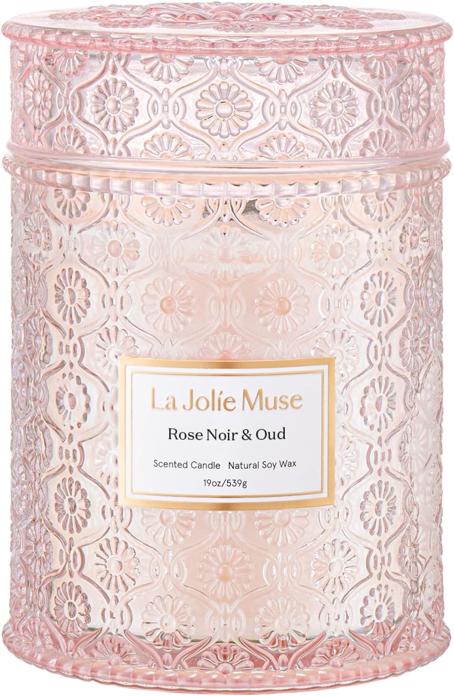 LA JOLIE MUSE Rose Noir & Oud Scented Candle – Lemon, Rose & Oud |19 oz Large Wooden Wick Candle | Natural Soy Wax | 90 Hours Clean Burn | Gift-Ready for Hosts & Gatherings | Elegant Home Décor - NestledHome