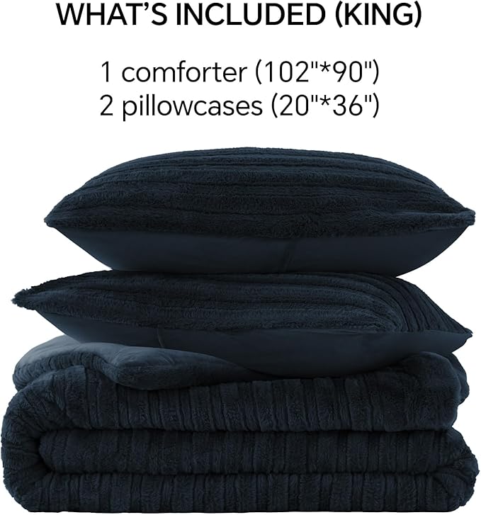 BEDELITE Fleece King Comforter Set -Super Soft & Warm Fluffy Navy Faux Fur Bedding, Luxury Fuzzy Heavy Bed Set for Winter with 2 Pillow Cases