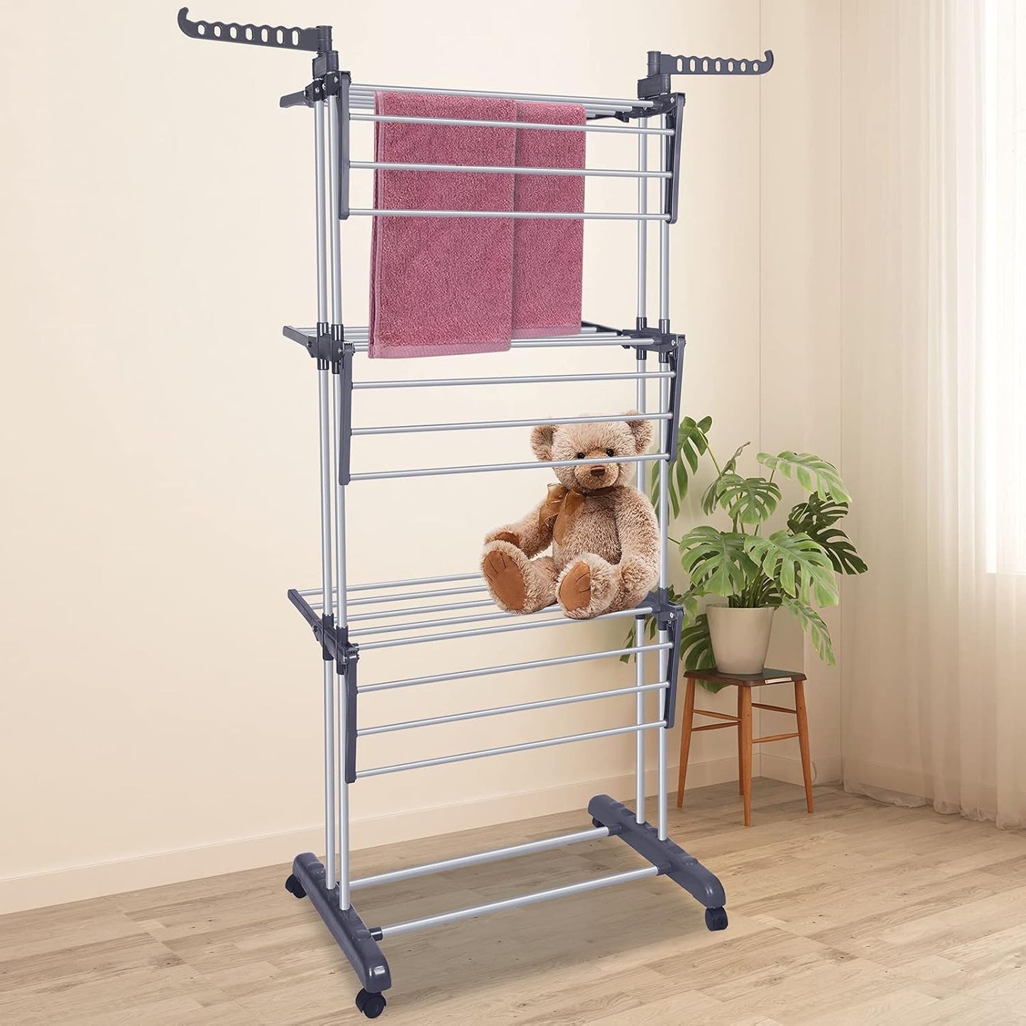 Bigzzia Clothes Drying Rack Folding Drying Rack Clothing 4 Tier Clothes Horses Rack Stainless Steel Laundry Drying Rack with Two Side Wings Grey - NestledHome