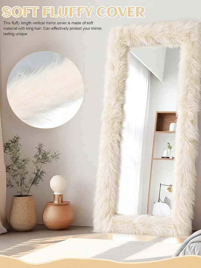 Geelin Full Length Mirror Cover 59 x 16 Inch Universal Ultra Soft Non Slip Design Fluffy Length Standing Mirrors Cover Decoration for Bedroom Cloakroom Women Gifts (Cream White)