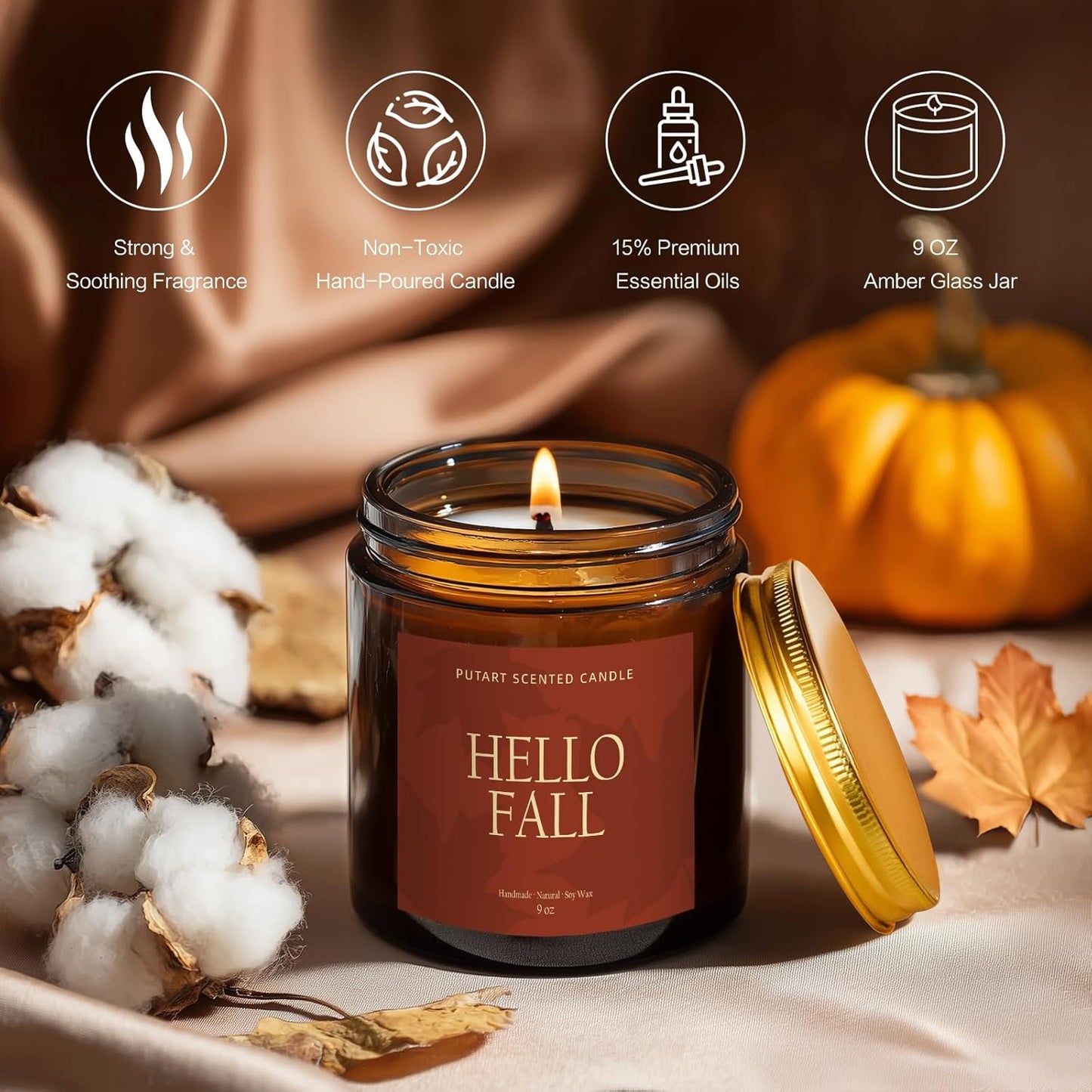 Pumpkin Spice Fall Candles for Home Scented, Natural Soy Wax Aromatherapy Non Toxic Pumpkin Candle with Long Lasting Burn, Halloween Autumn Candle Gifts for House Fragrance Decoration (9oz) - NestledHome