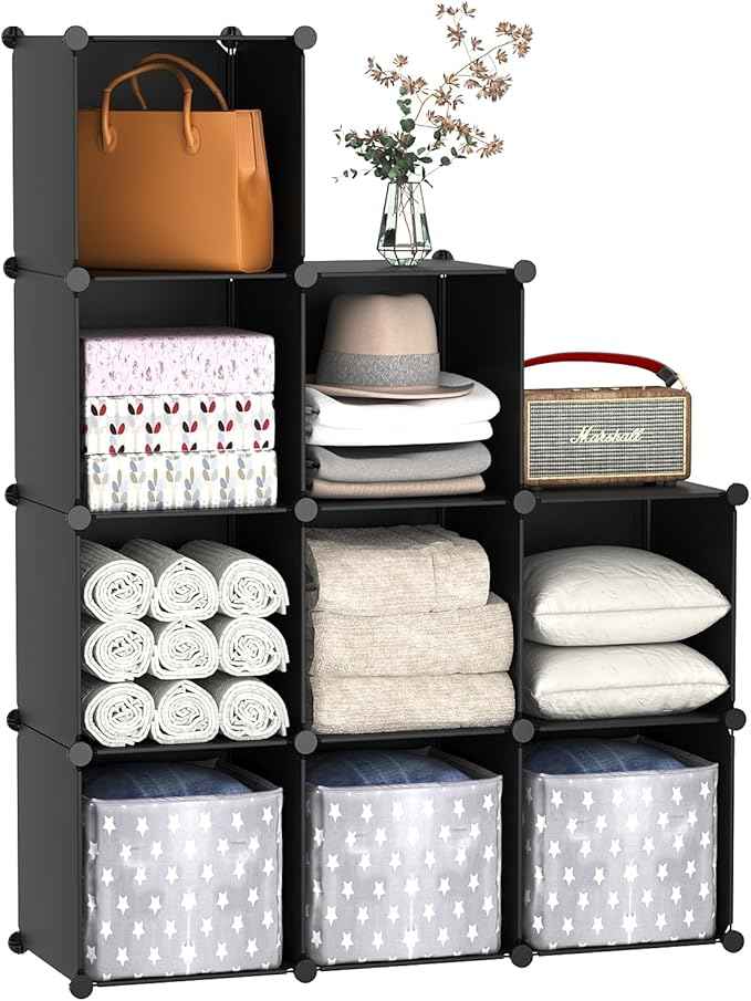 C&AHOME Cube Storage, 9-Cube Bookshelf, Plastic Closet Cabinet Organizer, DIY Stackable Bookcase, Modular Shelving Units Ideal for Home, Office, Kids Room, 36.6" L x 12.4" W x 48.4" H Black SHS3009A